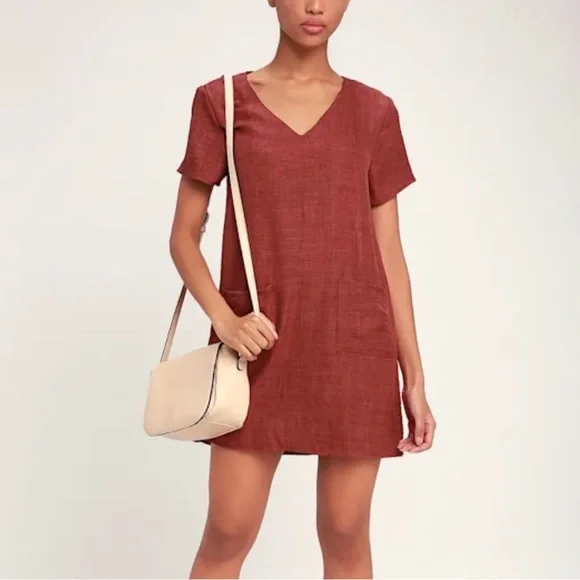 Lulus Women’s Poppy Rust V-Neck Shift Dress Pockets Chic Business Preppy Small - Picture 2 of 11